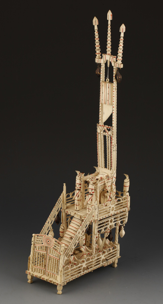 This intricate Napoleonic prisoner-of-war painted bone model of a guillotine brought £4,000 ($6,340) at Duke's Dorchester salerooms in February. Image courtesy Duke's.